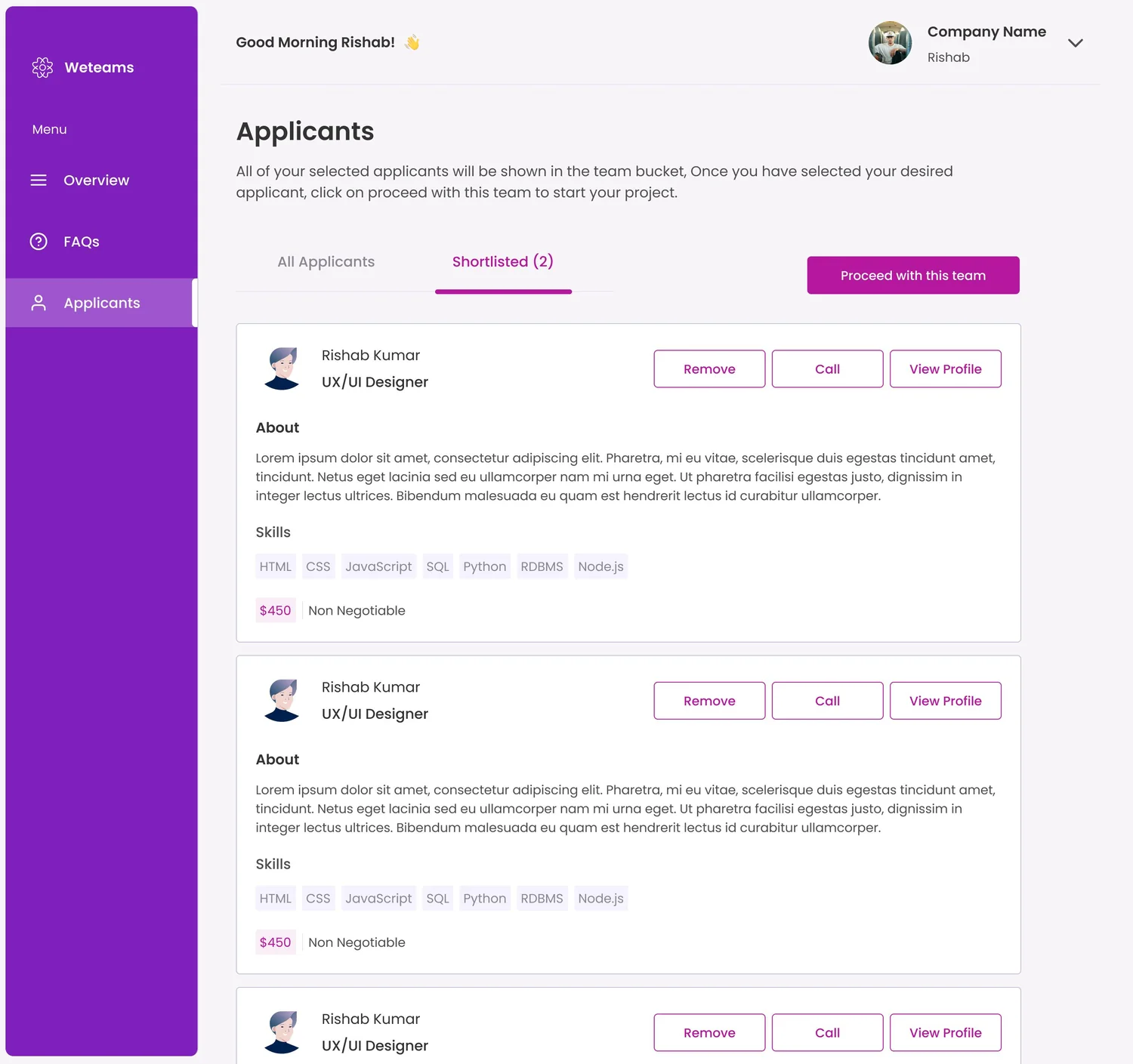Weteams — Applicants, shortlisted in place