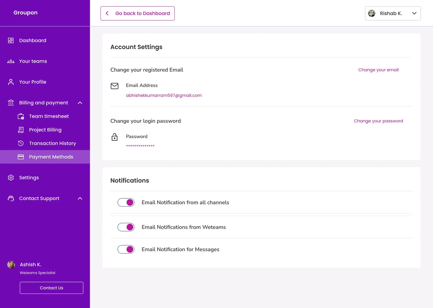 Weteams — Account settings and notification control