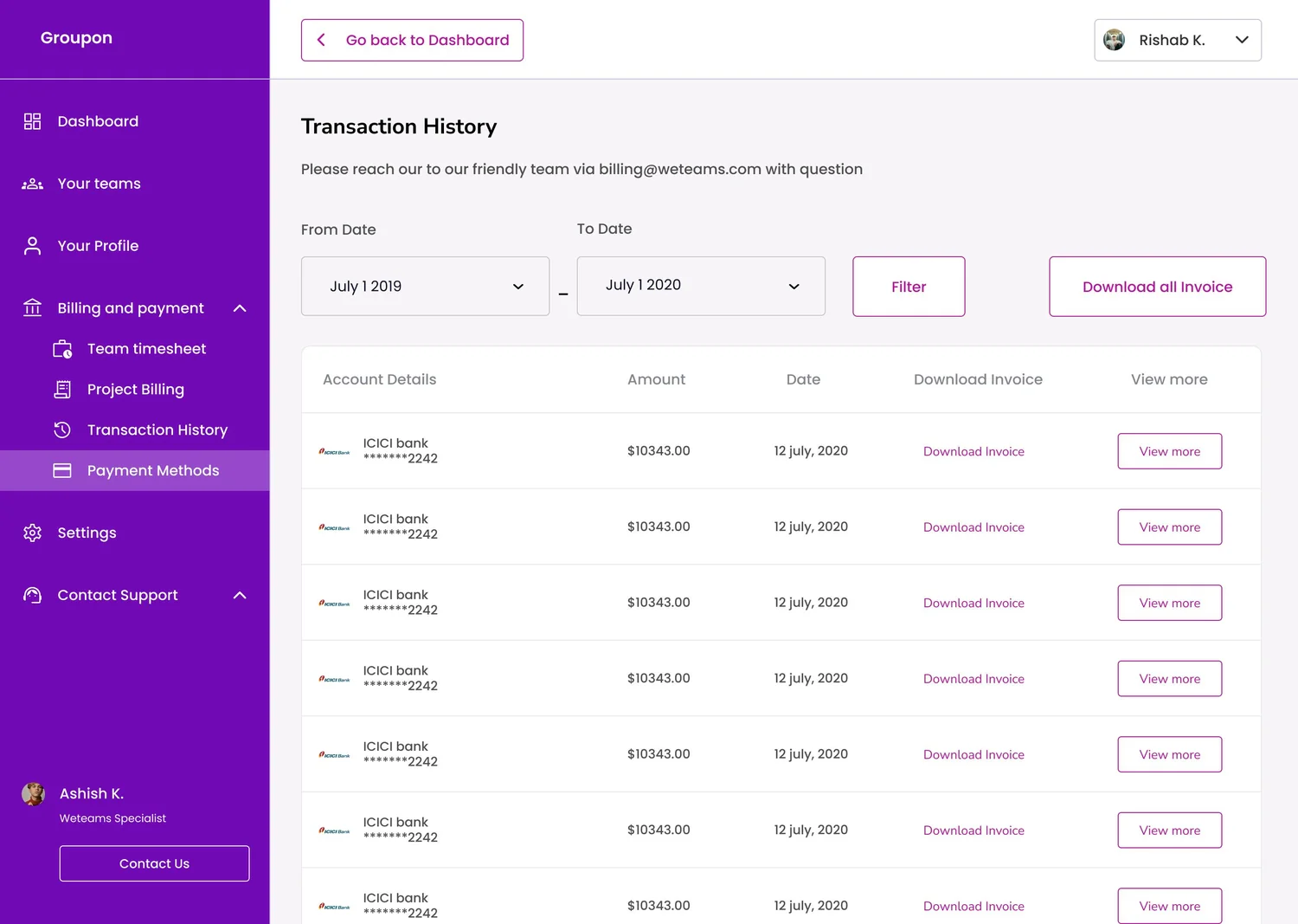 Weteams — Transaction history